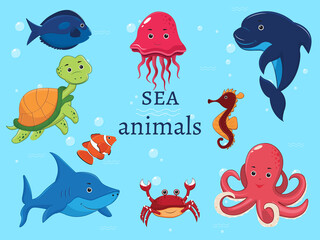 Vector set of cartoon sea animals underwater. Octopus, clown fish, turtle, shark, dolphin, horse, fish, jellyfish.