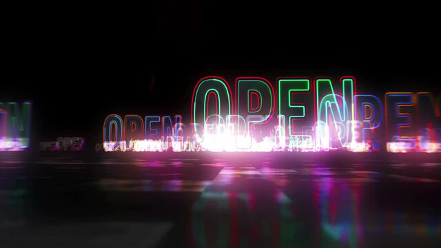 Open source code. Business, shopping, free software and freedom concept light loop concept. Flight between words. Futuristic space abstract 3d rendering loopable seamless animation.