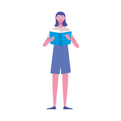 female reader standing reading book character vector illustration design