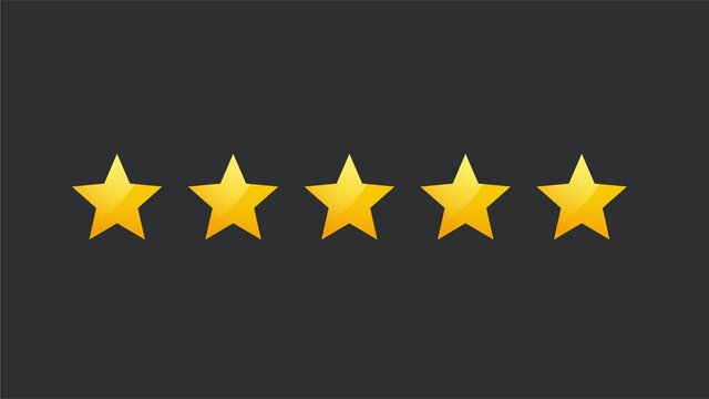 Animated five star rating on black background. FIVE stars rating of your product