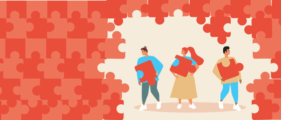 People puzzle, copy space template, flat vector stock illustration as concept of teamwork with man and woman with puzzle and place for text