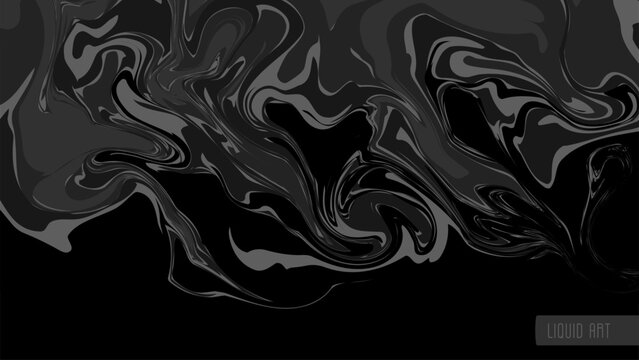 Liquid art, black abstract background. Fluid dark marble texture. Vector illustration.