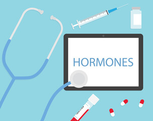 hormones written on tablet screen and stethoscope- vector illustration