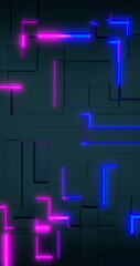 3d rendering. Geometric background with bright pink and blue neon elements. Phone background