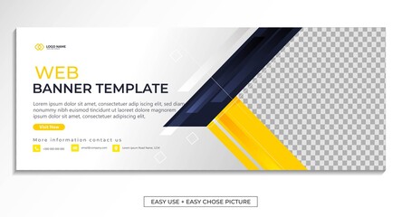 Editable banner web template with blue yellow white background. Minimal, modern  vector illustration