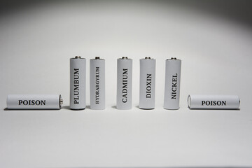 Battery on a white background. Ecology. Harm to nature from batteries.