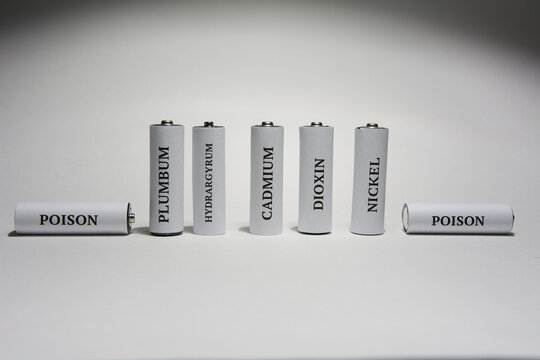 Battery on a white background. Ecology. Harm to nature from batteries.