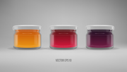 Set of small glass jam jar. Realistic 3D illustration. Vector