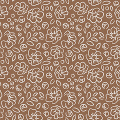 Seamless pattern with abstract flowers, buds and leaves silhouette. Brown background with blossoming outline flowers. Vintage floral hand drawn wallpaper. Vector stock illustration.	
