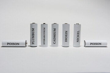 Battery on a white background. Ecology. Harm to nature from batteries.