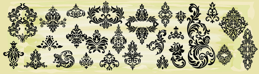 Set of Oriental vector damask patterns for greeting cards and wedding invitations.