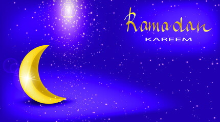 Fototapeta na wymiar Elegant ramadan kareem with golden moon and luminous lantern on purple background. Can be used for greeting card, invitation, calendar, brochure, poster or banner. vector 
