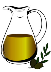 Glass jug with oil and olives with leaves on a branch. Stock vector illustration.