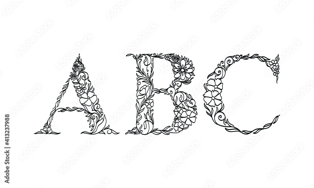 Wall mural floral illustration alphabet a, b, c, vector graphic font made by flower and leaf plant creative hand drawn line art for abstract and natural nature style looks in unique monochrome design decoration - Wall murals