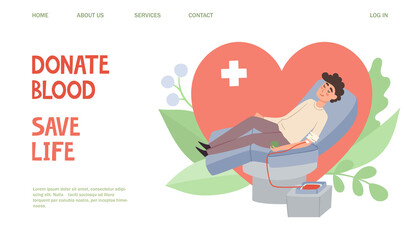 Vector illustration blood donation web page with man giving blood