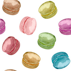 Macarons watercolor seamless pattern. Template for decorating designs and illustrations.