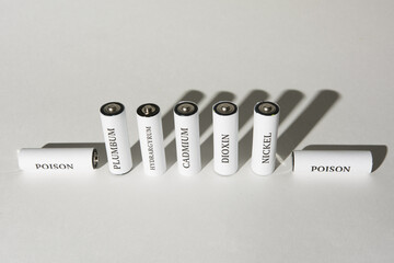Battery on a white background. Ecology. Harm to nature from batteries.