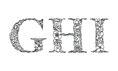 floral illustration alphabet g, h, i, vector graphic font made by flower and leaf plant creative hand drawn line art for abstract and natural nature style looks in unique monochrome design decoration