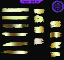 Set of vector gold brush strokes. Golden paint strokes. Gold gradient brush strokes, brushes, lines. Artistic design elements. gradient brush strokes, brushes, lines. Artistic design elements. 