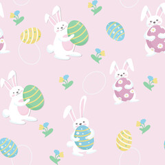 Easter seamless pattern in pastel colors. White cute rabbits with colored painted eggs. Symbols of the religious holiday of Great Easter. Vector