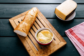 Onion soup baked with baguette and cheese