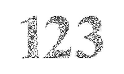 floral illustration number 1, 2, 3, vector graphic font made by flower and leaf plant creative hand drawn line art for abstract and natural nature style looks in unique monochrome design decoration