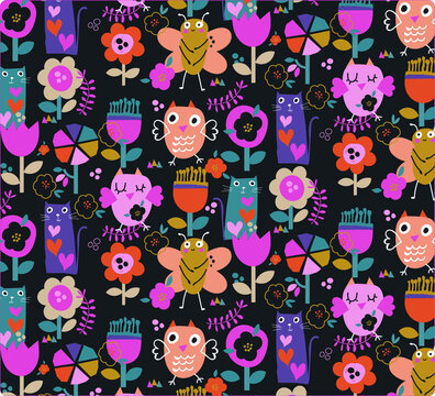 owl floral fabric pattern vector