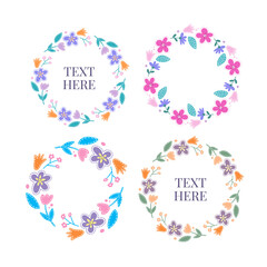Set of flat Spring flower frames in silhouette isolated on white. Cute retro illustrations in bright colors for stickers, labels, tags, scrapbooking.