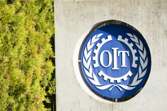 Geneva / Switzerland - February 23, 2020: ILO logo on a wall of the International labor office building