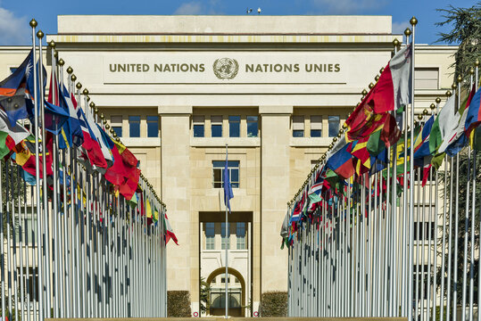 Geneva / Switzerland - February 23, 2020: sign and logo of The Palace of Nations  is the home of the United Nations Office