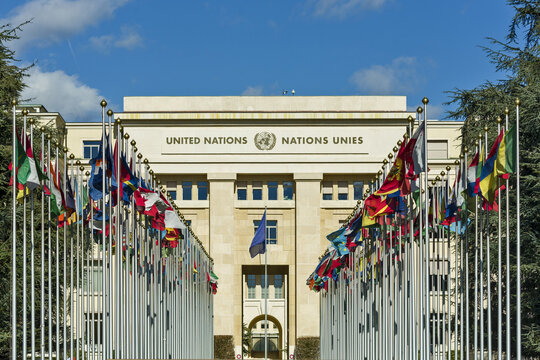 Geneva / Switzerland - February 23, 2020: sign and logo of The Palace of Nations  is the home of the United Nations Office