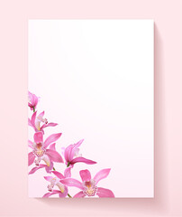 Love letter blank template with orchid flower pattern background. Holiday beautiful vertical vector design a4 format for wedding invitation, save the date card, letterhead, romantic letter, love note