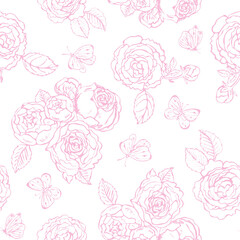 Vector drawing of pinc ink rose and butterflies. Hand sketch set. Line drawing and isolated on white background. Flowers and butterfly for background, texture, wrapper pattern, frame, etc.