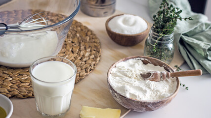 Homemade baking ingredients, authentic photo. The process of making homemade bread