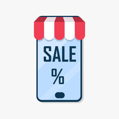 Vector illustration of online shopping with sale and discount text. Smartphone shop illustration.