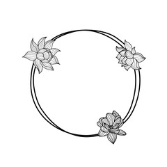 Round floral frame. Lotus leaves and flowers design elements. Black and white background. Vector illustration isolated on white office.