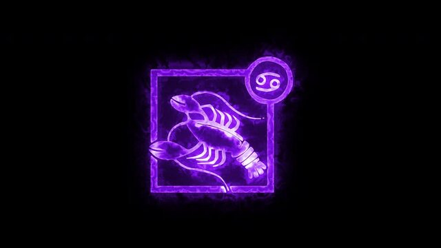 The Cancer zodiac symbol, horoscope sign lighting effect purple neon glow. Royalty high-quality free stock of Cancer signs isolated on black background. Horoscope, astrology icons with simple style