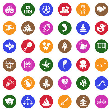 Toys And Fun Icons. White Flat Design In Square. Vector Illustration.
