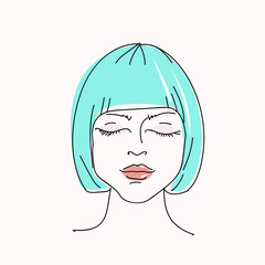 Young girl illustration.Woman with modern makeup and hairsyle logo.Cosmetics and fashion icon isolated on light fund.Young female portrait.Beautiful model face.Stylish hair cut.Dyed blue hair.