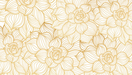 Fototapeta na wymiar Golden lotus, line art background on white background. Design for wallpaper, poster, cover. Vector illustration.