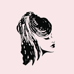 Hair salon, beauty studio illustration.Long, wavy hairstyle woman with elegant makeup.Cosmetics and spa icon isolated on light fund.Young lady portrait.Beautiful model face.Stylish ponytail.