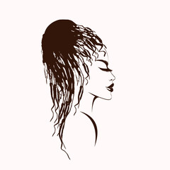 Hair salon beauty studio illustration.Long, curly hairstyle woman with elegant makeup.Cosmetics icon isolated on light fund.Young lady portrait.Beautiful model profile view face.Stylish look.