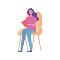 female reader reading book seated in chair vector illustration design