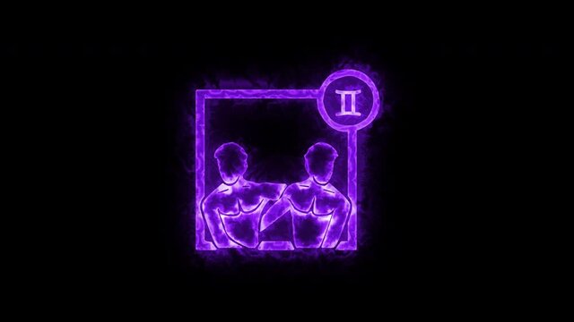 The Gemini zodiac symbol, horoscope sign lighting effect purple neon glow. Royalty high-quality free stock of Gemini signs isolated on black background. Horoscope, astrology icons with simple style