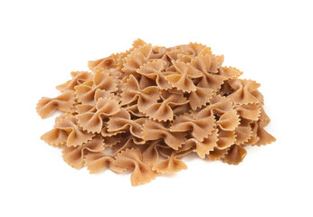 Whole wheat farfalle pasta isolated over white background