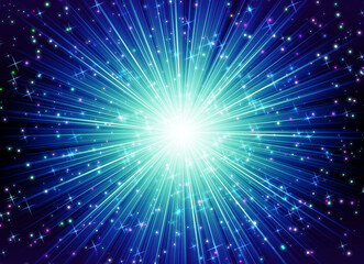 青の閃光、星がたくさんある宇宙空間の爆発