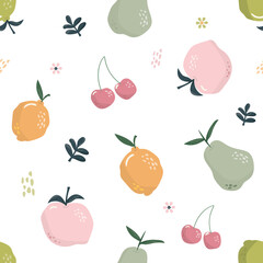 Cute seamless pattern with fruits. Summer hand drawn background. Vector