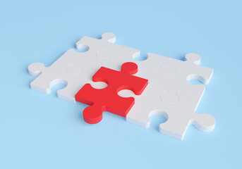 Red and white puzzle on blue background, teamwork for success and strategy concept. 3d rendering.