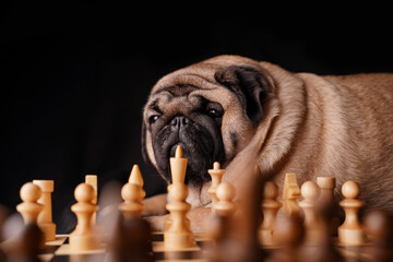 Close up of big pug with chess pieces on chessboard. Thoughtful pretty dog playing chess on black...