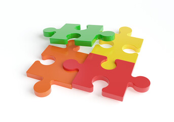 Colorful jigsaw isolated on white background, teamwork for success and strategy concept. 3d rendering.